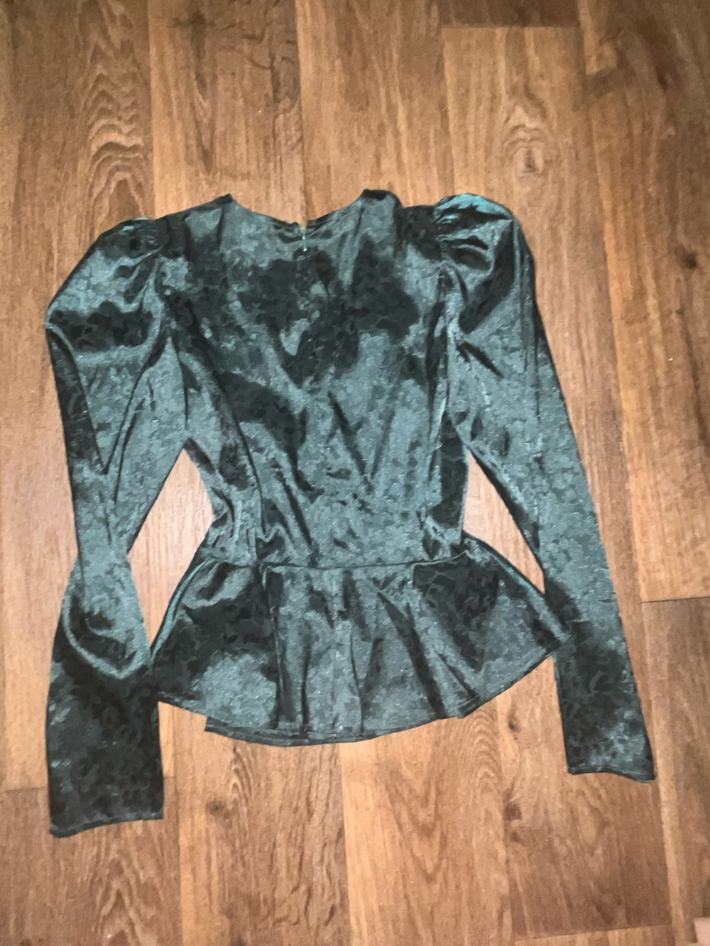 free press Dark Green Velvet Peplum Blouse with Puff Shoulders